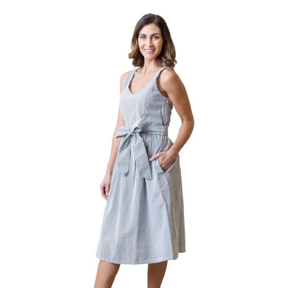 Hope & Henry Blue White Seersucker Organic Cotton Tie Waist Dress Pockets 10